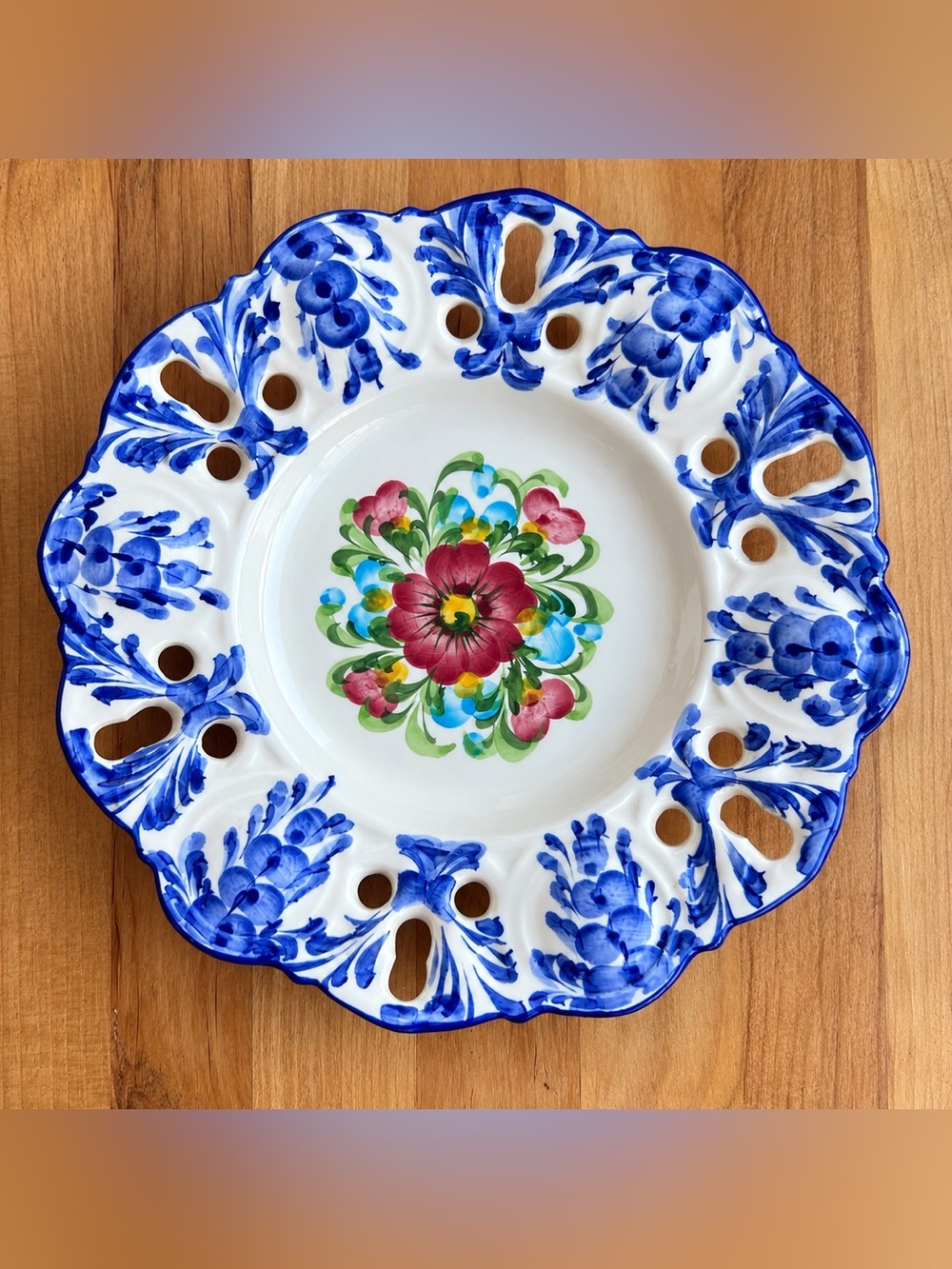 Vintage Jay Willfred Portugal Hand Painted Blue Floral Pierced Ceramic Plate